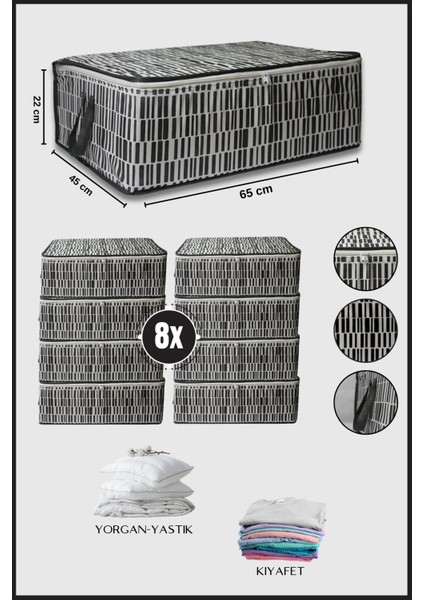 8'li Büyük Boy Bazaaltı Hurç Seti, Giysi ve Yastık Saklama Çantası, 65X45X22, Zebra