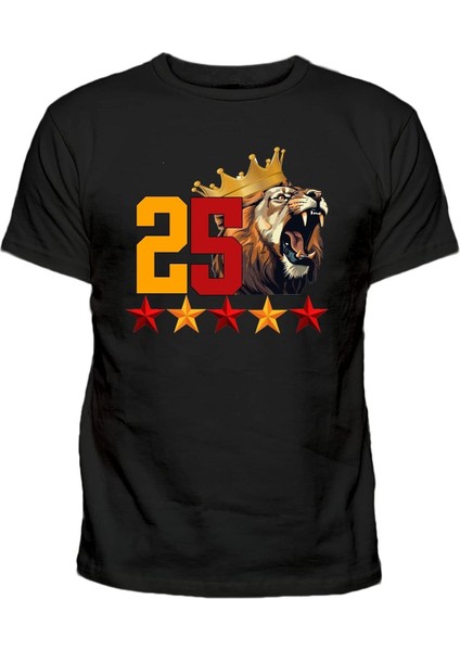 25 Kükreyen Kral Aslan 5 Yıldız Baskılı Pamuklu Yetişkin Tişört