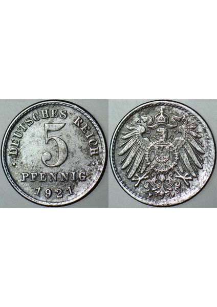 Almanya Demir 5 Pfennıg 1921 F. Kayzer Iı. Wilhelm I. Dünya Savaşı Dönemi.
