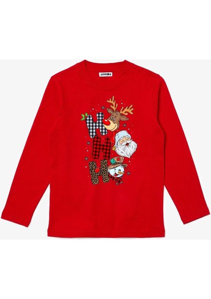 Uzun Kollu Hohoho Baskılı Yeni Yıl Çocuk Pamuklu Tişört