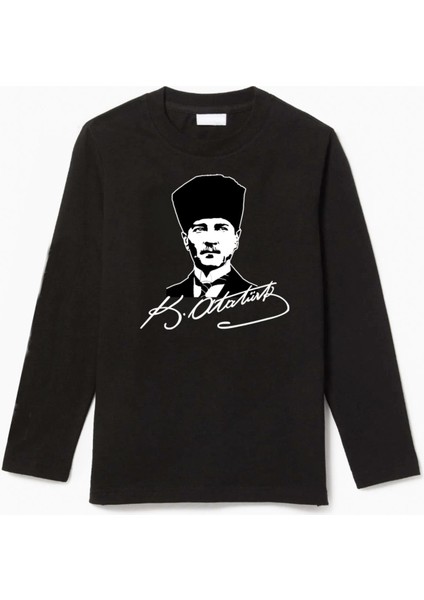 Uzun Kollu Mustafa Kemal Atatürk Imza Görselli Çocuk Pamuklu T-Shirt