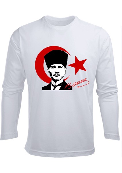 Uzun Kollu Atatürk Ve Bayrak Baskılı imzalı 29 Ekim cumhuriyet bayramı Pamuklu Yumuşak BEYAZ T-shirt