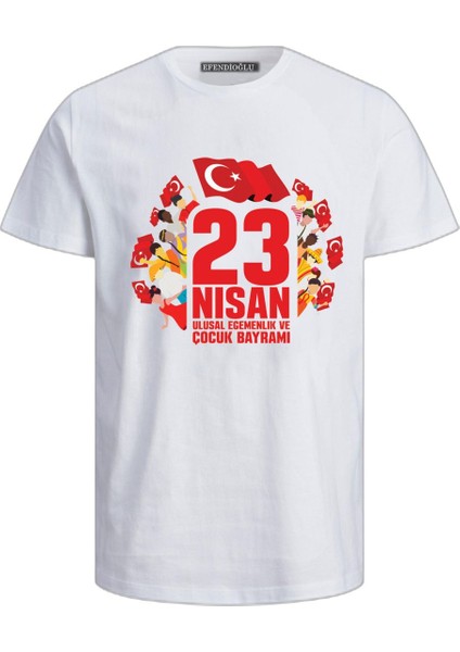 23 Nisan Çocukları Baskılı Imzalı Pamuklu Beyaz Çocuk Tshirt