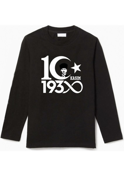 Uzun Kollu 10 Kasım Ay-Yıldız Atatürk ve Imzası Baskılı Pamuklu Çocuk Tişört