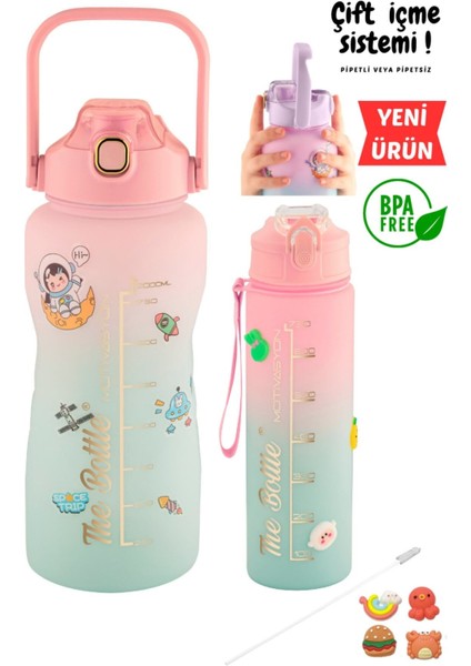 Motivasyonel 2'li 2l ve 750ML Su Matarası Seti, Sağlıklı ve Şık Içecek Şişeleri