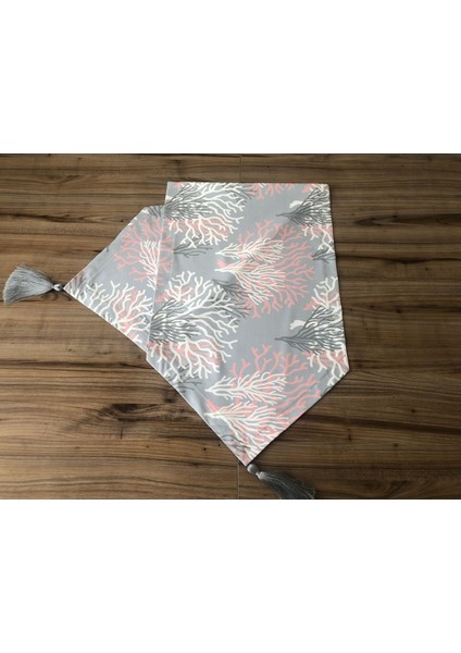 Gri Zemin Pembe Beyaz Mercan Desenli Runner