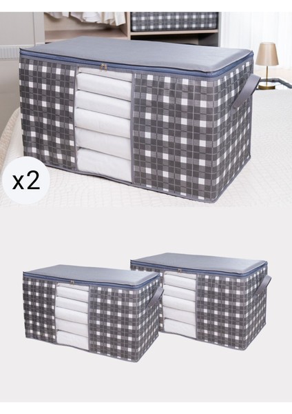 2'li Gri Kare Desenli Ekose Yastık ve Yorgan Düzenleyici Hurç Seti