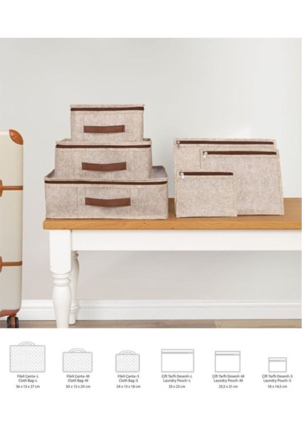 Bej Deri Detaylı 6'lı Bavul Içi Düzenleyici ve Organizer Seti
