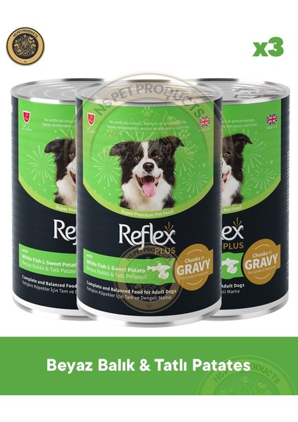 Plus Sos Içinde Et Parçacıklı Beyaz Balıklı ve Tatlı Patatesli Yetişkin Köpek Maması 3X400GR