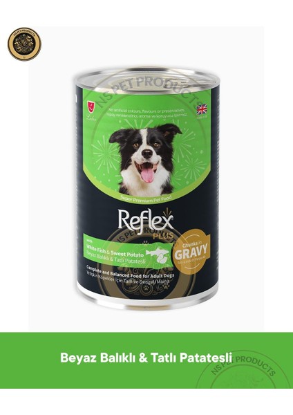 Plus Sos Içinde Et Parçacıklı Beyaz Balıklı ve Tatlı Patatesli Yetişkin Köpek Maması 3X400GR fiyatları