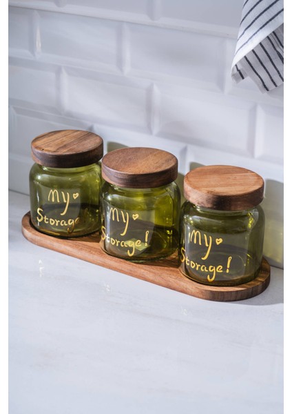 7937 Pierre 3 Lü Akasya Ahşap Kapak ve Tepsili Kavanoz Seti 12 cm - Green