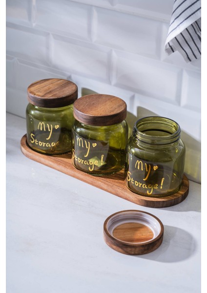 7937 Pierre 3 Lü Akasya Ahşap Kapak ve Tepsili Kavanoz Seti 12 cm - Green modelleri