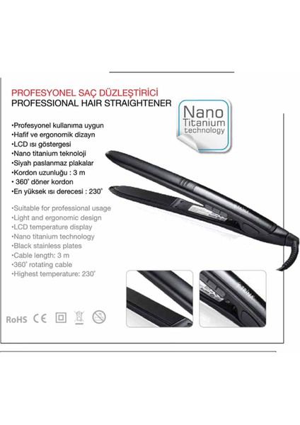 Profesyonel Saç Düzleştirici Nano Titanyum Siyah Plaka Dijital Ekranlı 0060