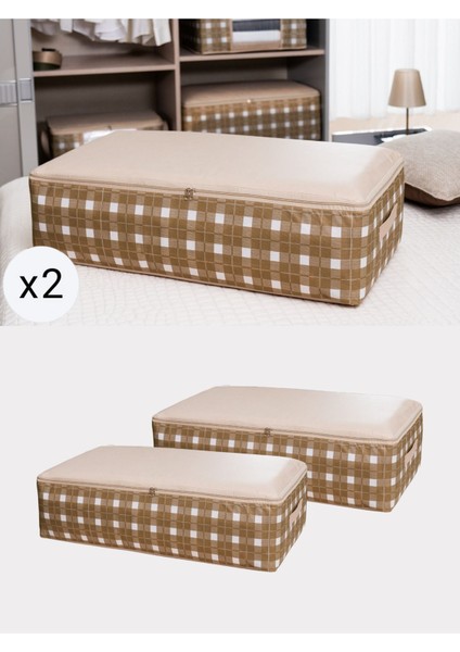 2’li Bej Kare Desenli Ekoseli Yastık ve Yorgan Düzenleyici Baza Altı Hurç Seti