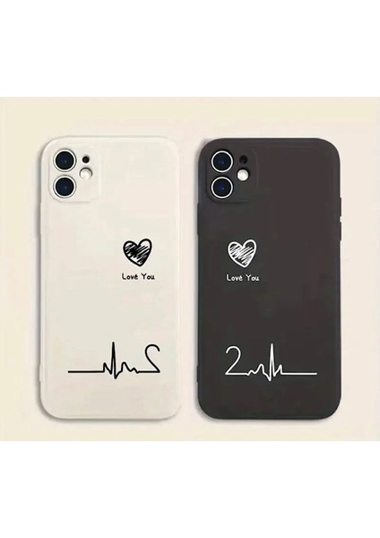 IPHONE 13 Krem - Siyah 2 Li Kalp ve Kalp Atışı Baskılı Çiftlere Özel Telefon Kılıfı
