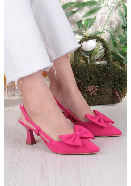 018-407 Fls Saten Önü Kapalı Fiyonklu Arkası Açık Topuklu Ayakkabı
