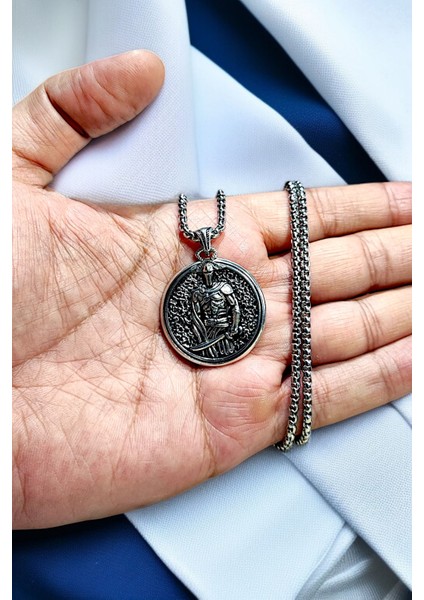 Gümüş Kaplama Krom-Çelik Erkek Kolye Madalyon Savaşcı Spartalı Leonidas