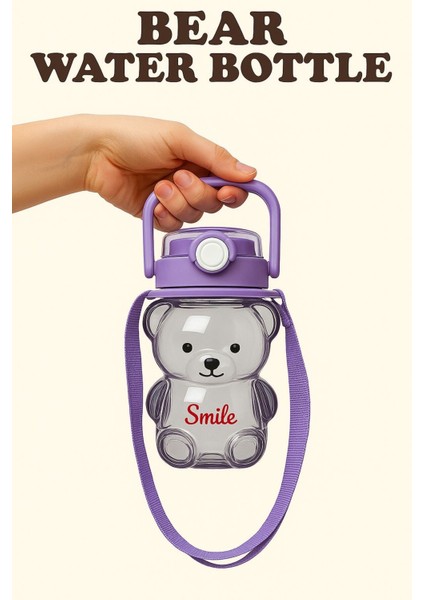 Sevimli Ayıcık Figürlü 1000ML Su Matara, Renkli ve Pratik Suluk