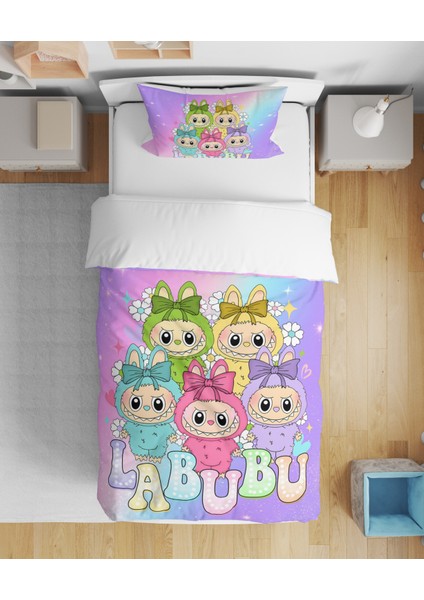 Labubu Çizgi Karakter 3D Dijital Baskılı Tek Kişilik Çarşafsız Kız Çocuk Nevresim Takımı