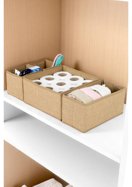 Kahverengi Jüt Kumaş 4’lü Dolap ve Çekmeceli Düzenleyici, Takı, Kozmetik, Çorap, Çamaşır Organize