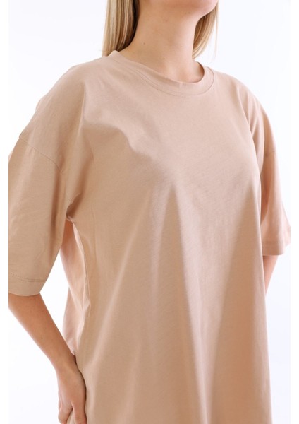 Unisex Pamuk Krem Bisiklet Yaka Boyfriend Örme Oversize T-Shirt fiyatları