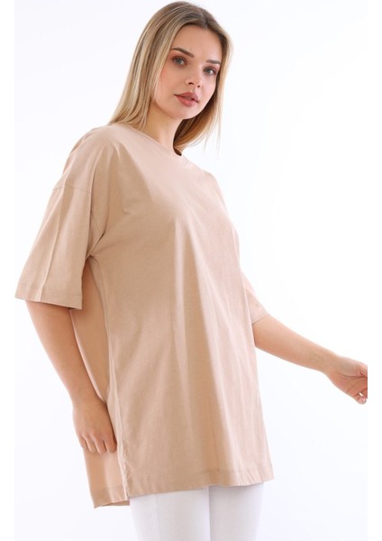Unisex Pamuk Krem Bisiklet Yaka Boyfriend Örme Oversize T-Shirt modelleri