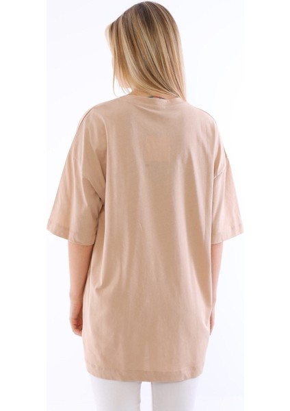 Unisex Pamuk Krem Bisiklet Yaka Boyfriend Örme Oversize T-Shirt fırsatları