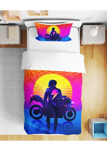 Motosiklet 3D Dijital Baskılı Tek Kişilik Çarşafsız Nevresim Takımı
