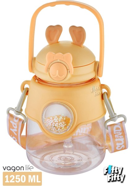 1250 ml Pipetli Büyük Boy Askılı ve Kulplu Su Matarası, Çıkartma Hediyeli