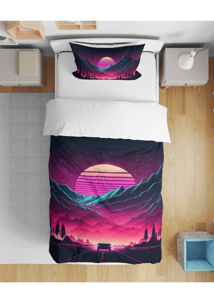 Retro Gün Batımı 3D Dijital Baskılı Tek Kişilik Çarşafsız Nevresim Takımı