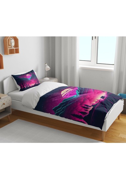 Retro Gün Batımı 3D Dijital Baskılı Tek Kişilik Çarşafsız Nevresim Takımı modelleri