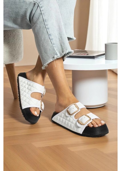Kapitone Beyaz Tokalı Kadın Terlik – Ortopedik, Şık, Kaymaz Taban