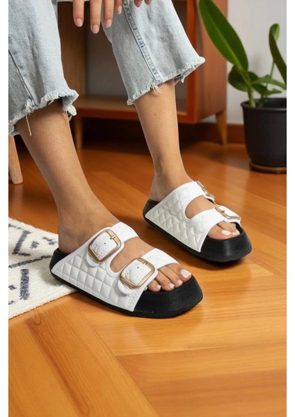 Kapitone Beyaz Tokalı Kadın Terlik – Ortopedik, Şık, Kaymaz Taban fiyatları