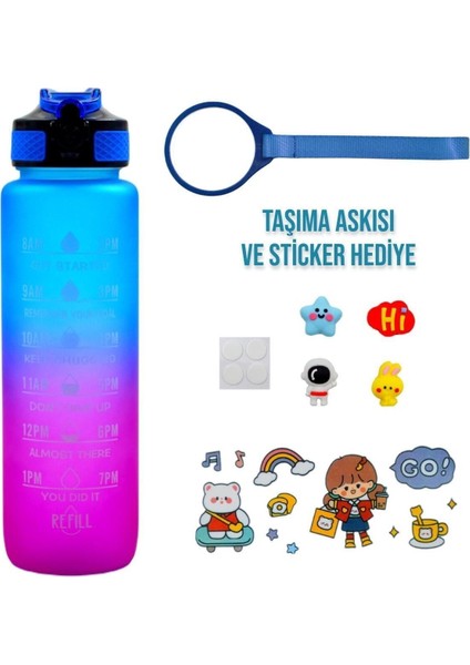 Renkli Geçişli Sızdırmaz Kapaklı 1l Motivasyon Matara, Sticker Hediyeli, Şık Tasarım fiyatları