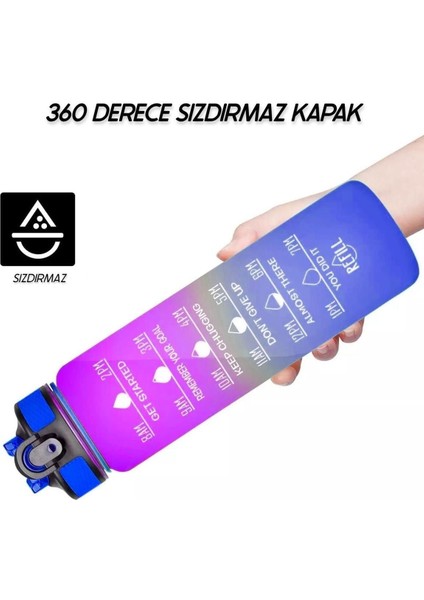 Renkli Geçişli Sızdırmaz Kapaklı 1l Motivasyon Matara, Sticker Hediyeli, Şık Tasarım