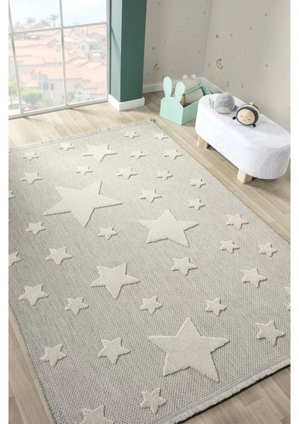 Kaymaz Yıkanabilir Dokuma Halı Gri Yıldızlı Bebek Çocuk Odası Halısı Leke Tutmaz Ayaz 14