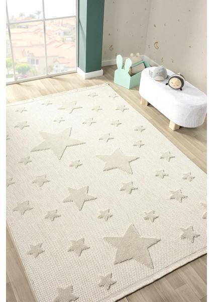 Kaymaz Yıkanabilir Dokuma Halı Krem Yıldızlı Bebek Çocuk Odası Halısı Leke Tutmaz Ayaz 13