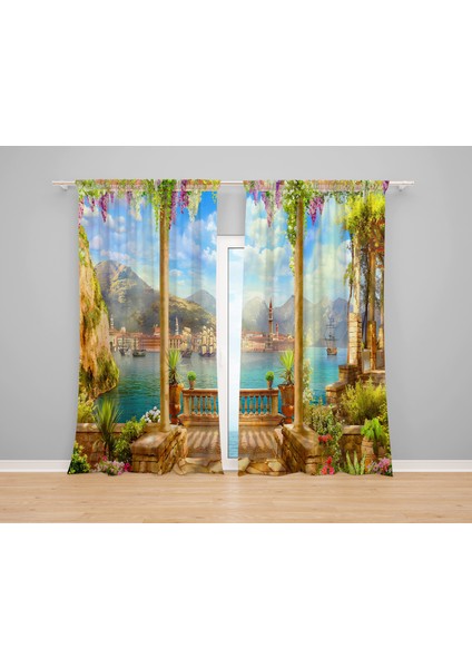 Iskele Manzara Desenli 3D Dijital Baskılı 2 Kanat Fon Perde Oturma Odası Salon Fon Perde