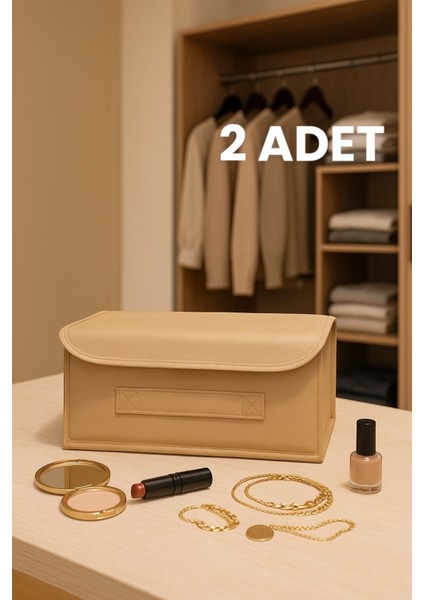 Bej Kapaklı Dolap Çekmece Içi Saklama Kutusu 30X23X11 cm