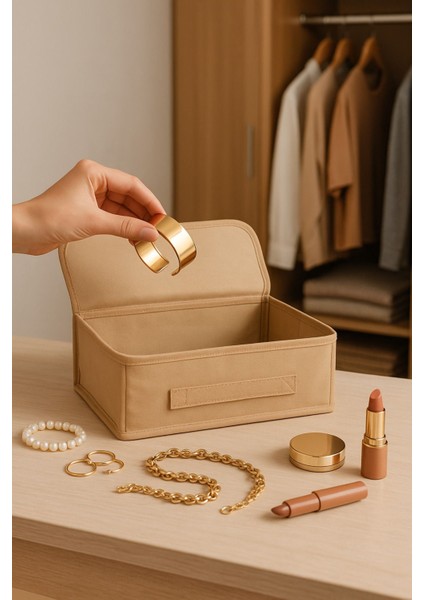 Bej Kapaklı Dolap Çekmece Içi Saklama Kutusu 30X23X11 cm fiyatları