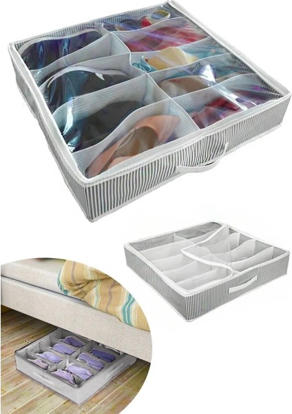 Çizgili 12 Bölmeli Ayakkabı Saklama Çantası, Siyah, Şık ve Pratik Kullanım