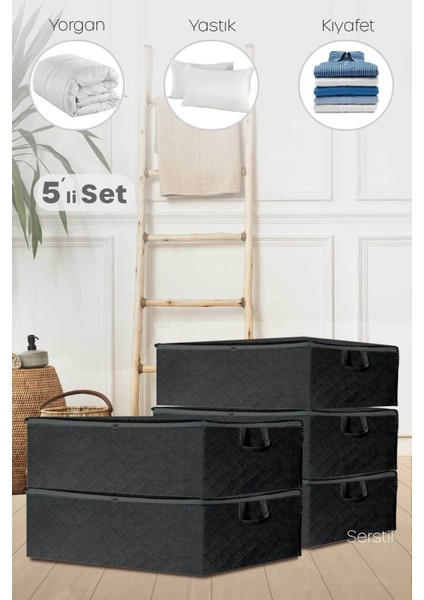 5'li Siyah Baza Altı ve Çekyat Tipi Hurç, 64X45X22 Cm, Şık ve Kullanışlı Depolama Çözümü