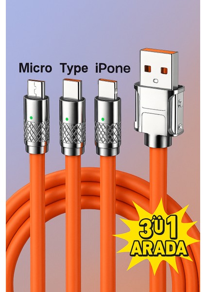 3'ü 1 Arada 120W Hızlı Şarj Kablosu – Micro Usb, Type-C ve Lightning Uyumlu | Xiaomi, Samsung, iPhone ve Tüm Akıllı Telefonlar Için Çoklu USB Bağlantı