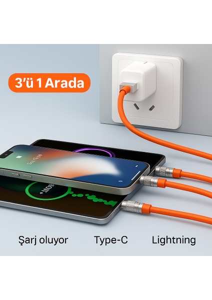 3'ü 1 Arada 120W Hızlı Şarj Kablosu – Micro Usb, Type-C ve Lightning Uyumlu | Xiaomi, Samsung, iPhone ve Tüm Akıllı Telefonlar Için Çoklu USB Bağlantı modelleri