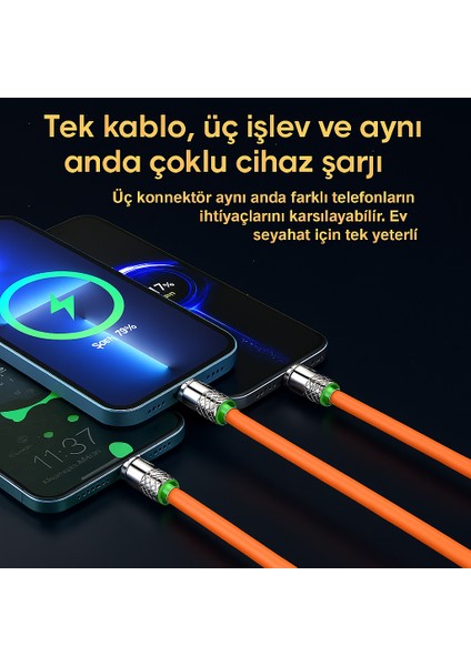 3'ü 1 Arada 120W Hızlı Şarj Kablosu – Micro Usb, Type-C ve Lightning Uyumlu | Xiaomi, Samsung, iPhone ve Tüm Akıllı Telefonlar Için Çoklu USB Bağlantı