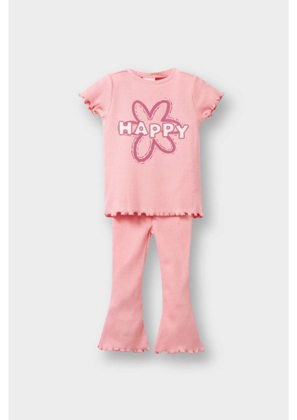 Kız Bebek 2'li Takım Çiçekli Fitilli Kaşkorse Kısa Kollu Tişört İspanyol Paça Tayt F3514A525AU