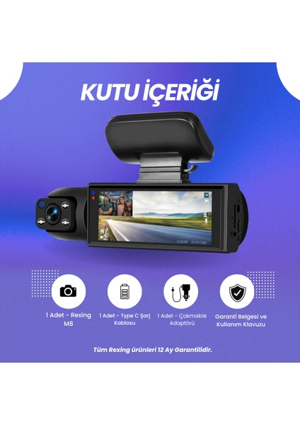 M8 | Mobil Uygulama, 24 Saat Park Modu, 2 Kamera, Araç Içi Kamera