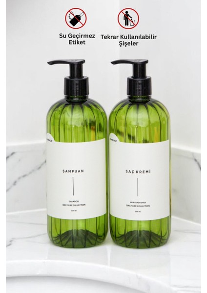 Şampuan ve Saç Kremi Etiketli Pompalı Plastik Şişe Seti 2'li Yeşil Sabunluk 500 ml