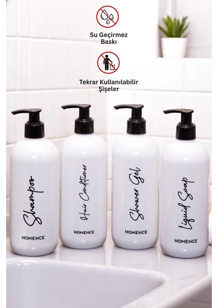 Şampuan Duş Jeli Saç Kremi ve Sıvı Sabun Baskılı Plastik Şişe Banyo Seti 4'lü Beyaz Sabunluk 500 ml