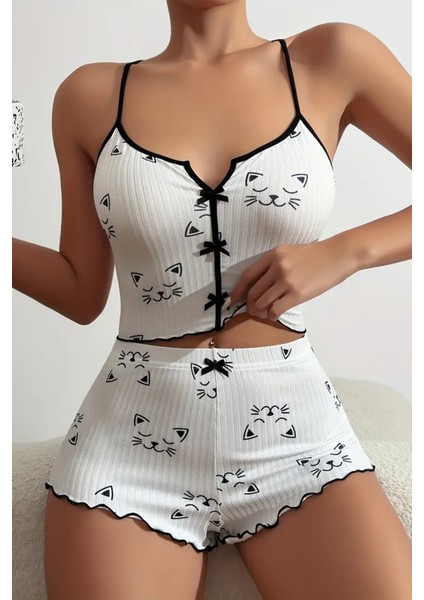 Yavru Kedi Baskılı Askılı Şortlu Pijama Takımı
